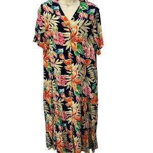 La Chine Plus Silk Shirt Dress Blue Tropical Floral Size 12W Short Sleeve Button